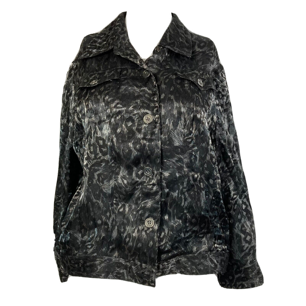Ruby Rd. Jacket Blazer Womens 12P Petite Black Metallic Leopard Pockets Button